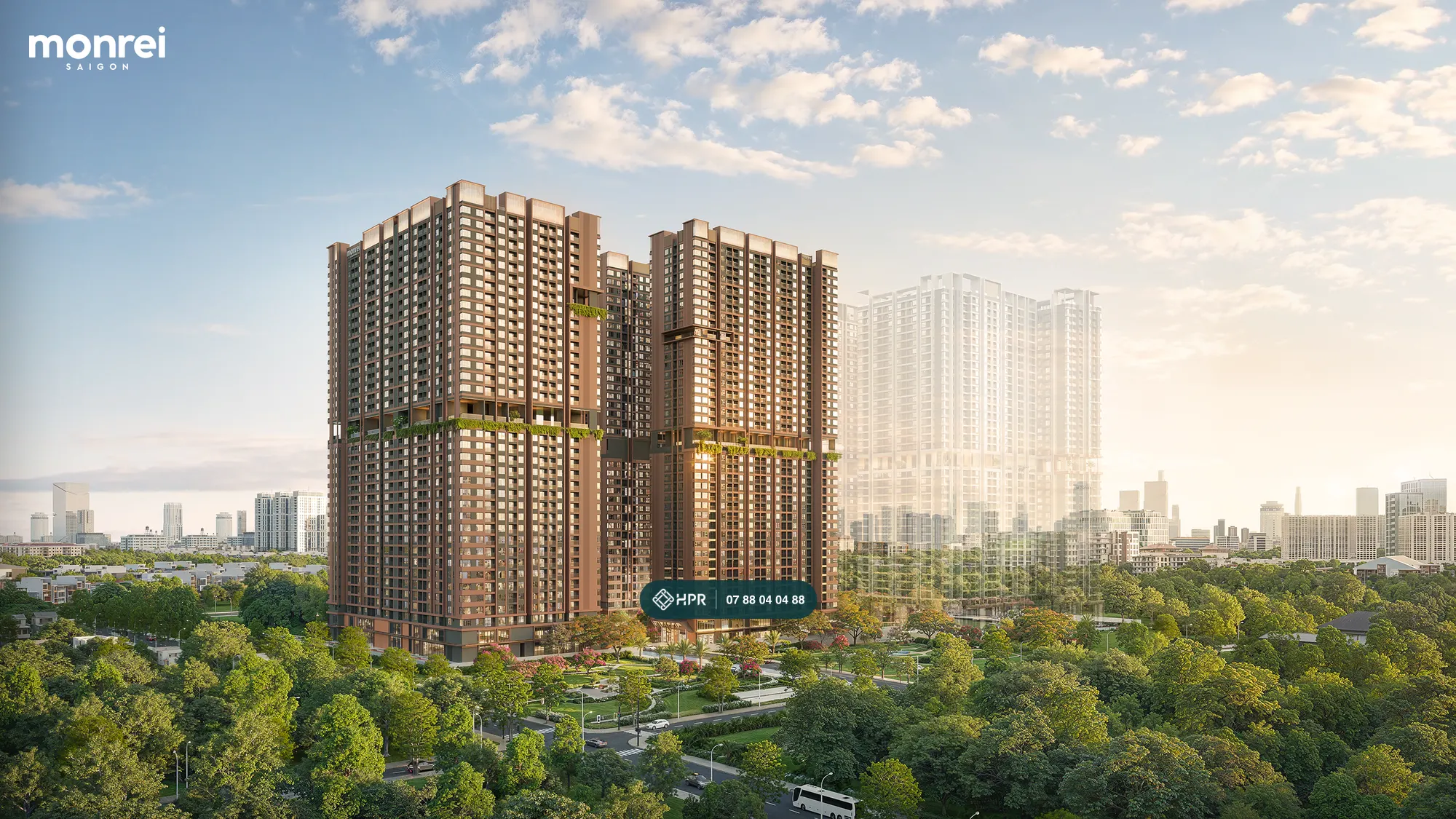 Phối cảnh các tòa tháp Monrei Saigon giữa mảng xanh nội khu