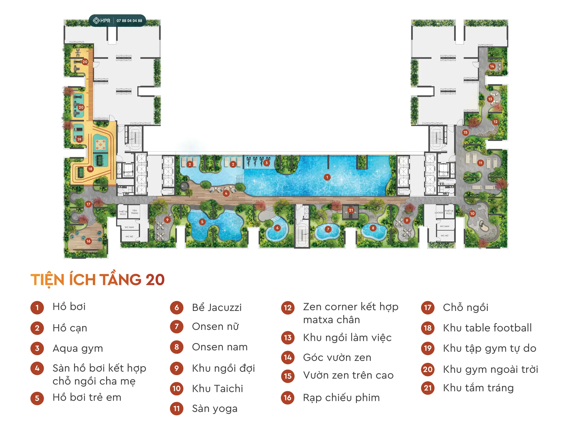 Mặt bằng tiện ích tầng 20 tháp Onsen, Monrei Saigon
