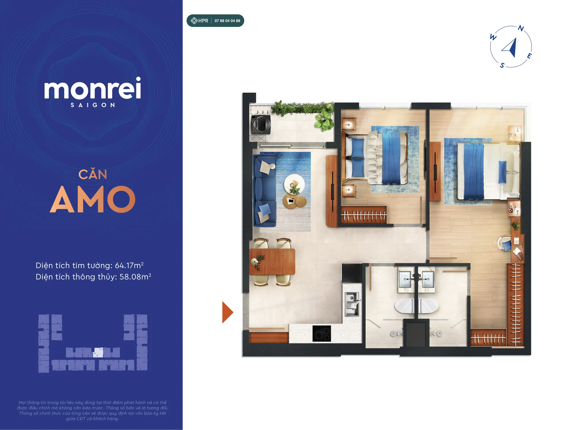 Mặt bằng căn Amo 2 phòng ngủ 2 WC Monrei Saigon
