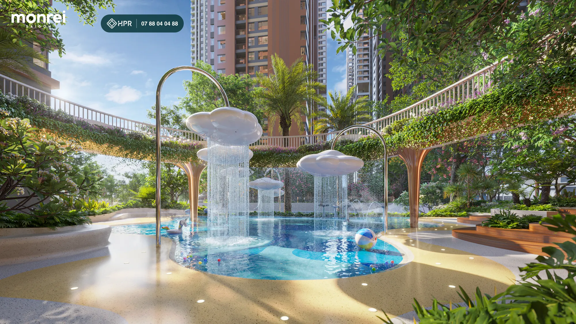Sân chơi nước Kodomo và thác nước mây tại Monrei Saigon